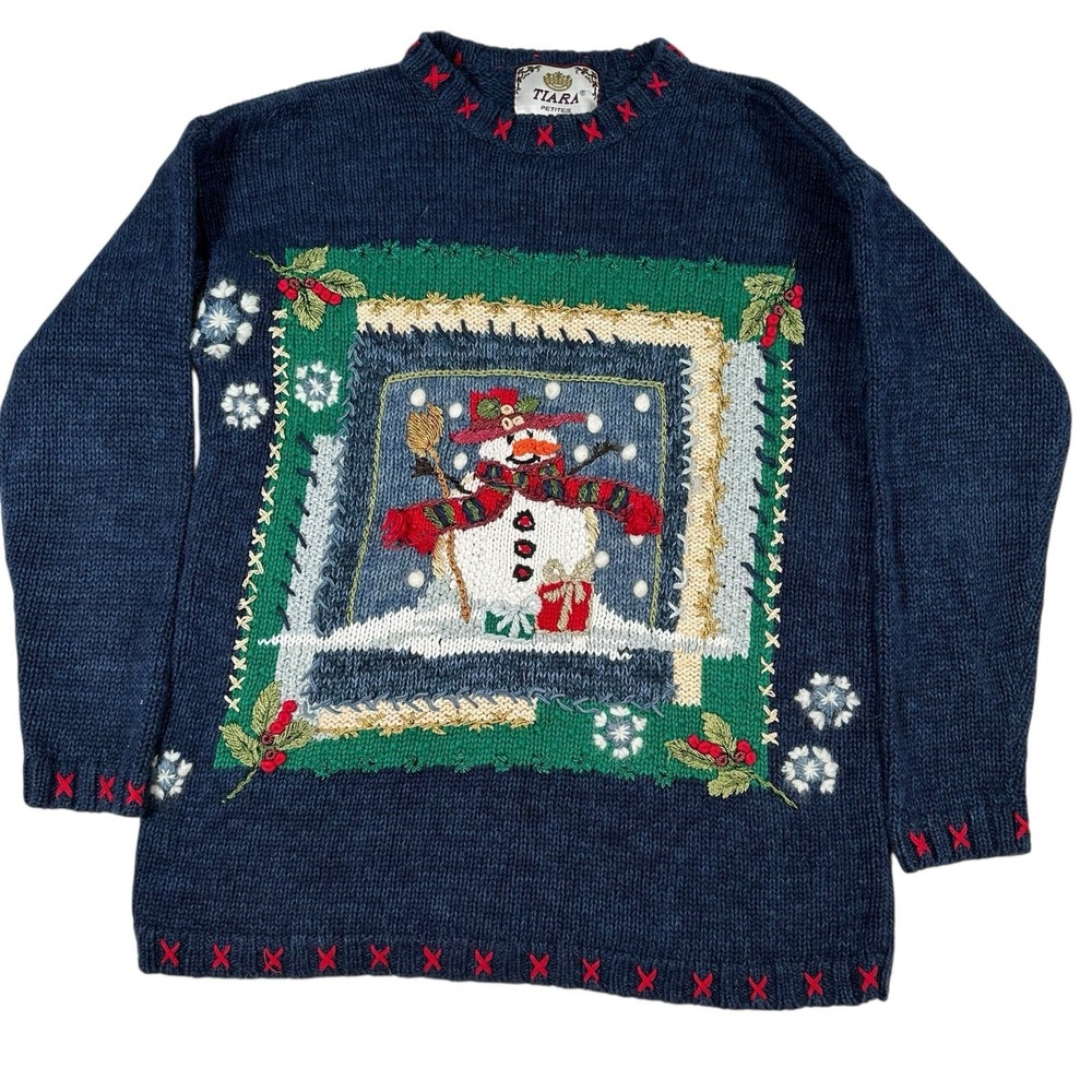 Vintage Tiara 3D Holiday Christmas‎ Snowman Snowflake Knit Sweater SMALL Petites